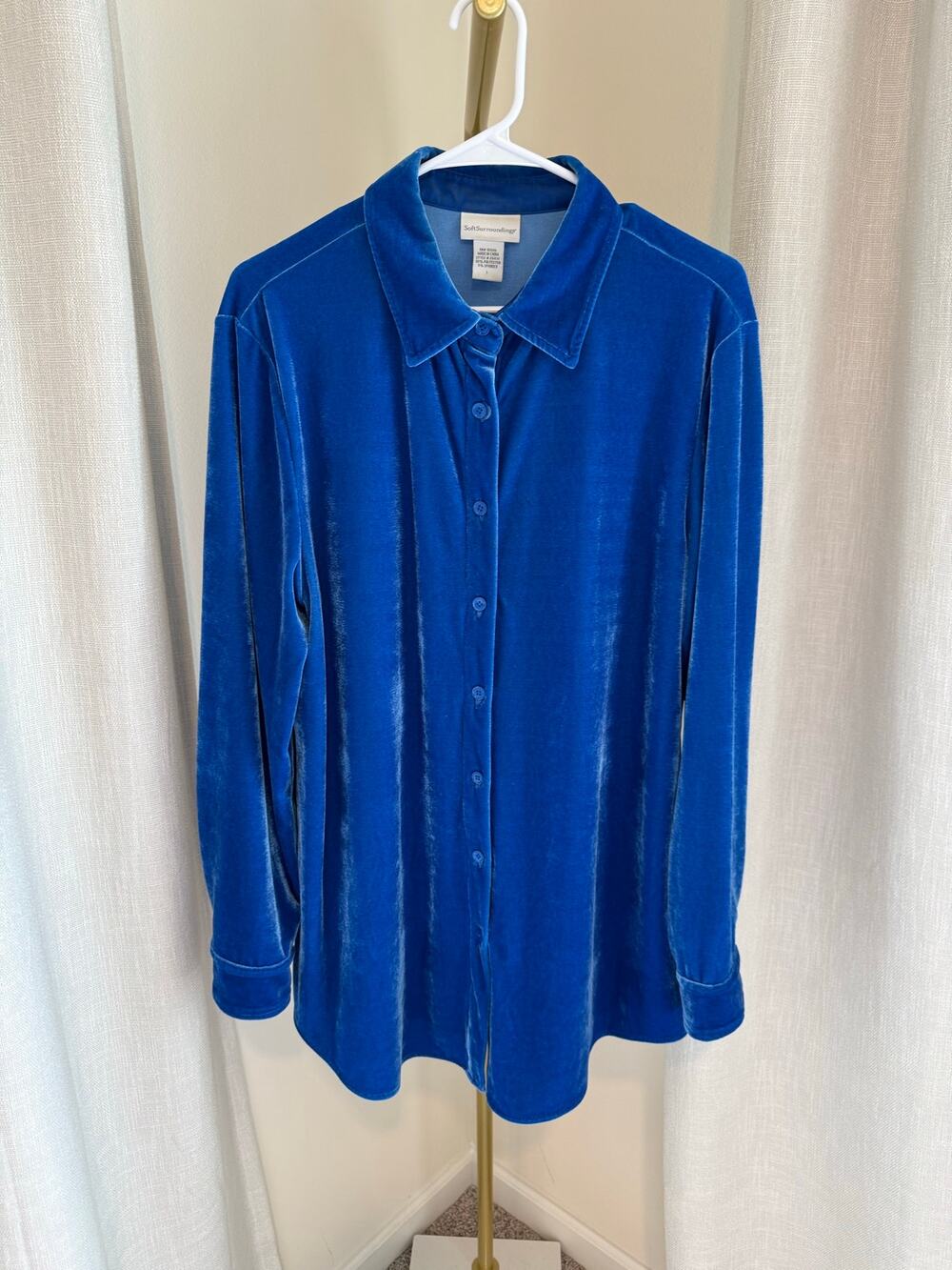 Soft Surroundings Shirt Women's Large Blue Velvet Stretch Collared Button Front
